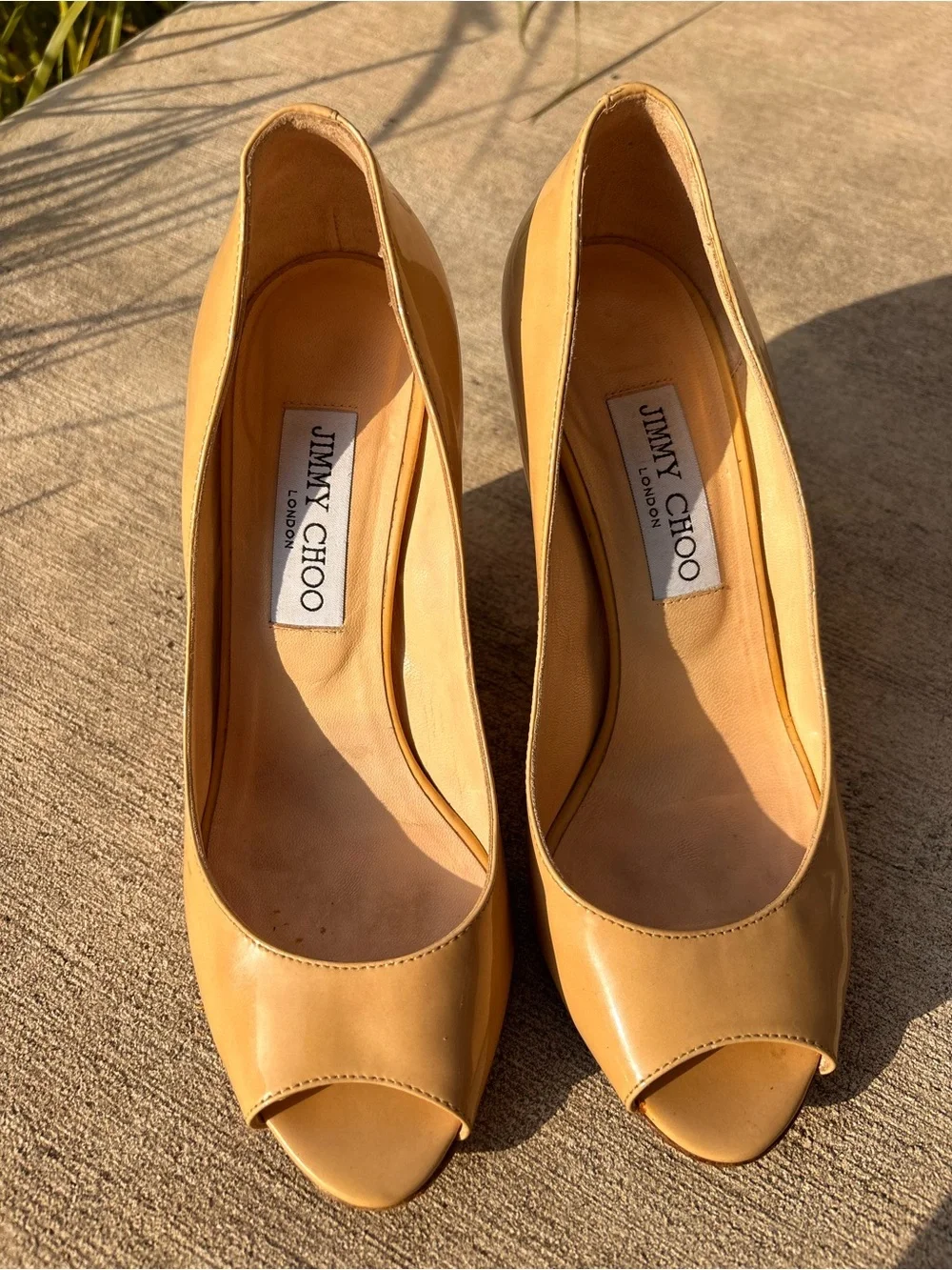 Jimmy Choo Beige Patent Peep-Toe Wedge Pumps